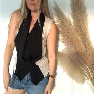 Haute Hippie Cream Black Silk Tank Tuxedo Vest Top Draped VNeck Button Blouse M
